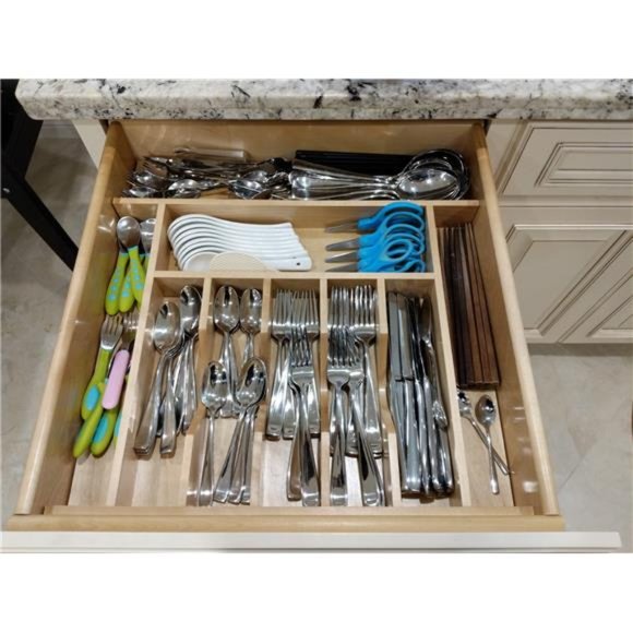 Short Trim-to-Fit Wooden 9 Compartment Cutlery Insert Organizer, Natural Maple